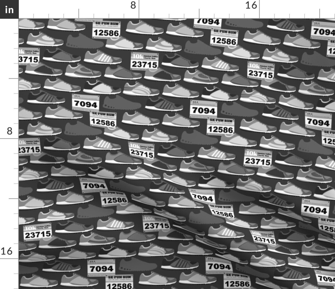 Running Shoes & Race Bibs Grayscale Marathon Fitness Exercise Run Sneakers Custom Printed Fabric by Spoonflower Various Fabrics by the Yard or Fat Quarter